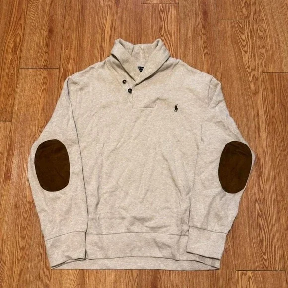 Polo Ralph Lauren Men's Sweater Shawl Neck Elbow Patch Preppy Cream Size XL - Picture 2 of 7
